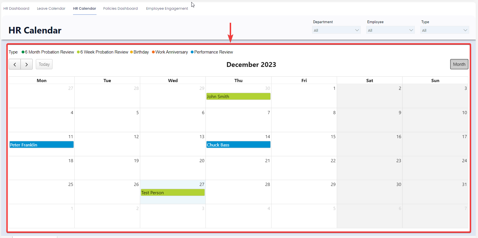 HR calendar calendar highlighted